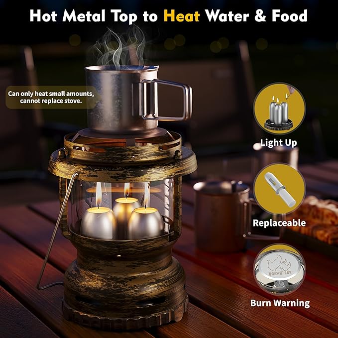 3-Wick Emergency Candle Lantern for Power Outages [18H+ Burning Time] Vintage Decorative Candle Lantern for Real Candles, Outdoor Portable Camping Survival Lighting [7.1"*5.7" - Vintage Brass]-CasaMuseHome