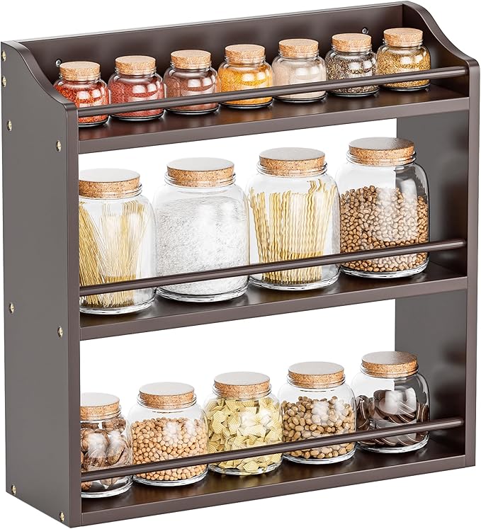 3 Tier Bamboo Wood Spice Rack, Seasoning Bottles Jars Organizer Shelf for Spices or Craft Supplies, Kitchen Counter or Wall Mounting (Brown)-CasaMuseHome