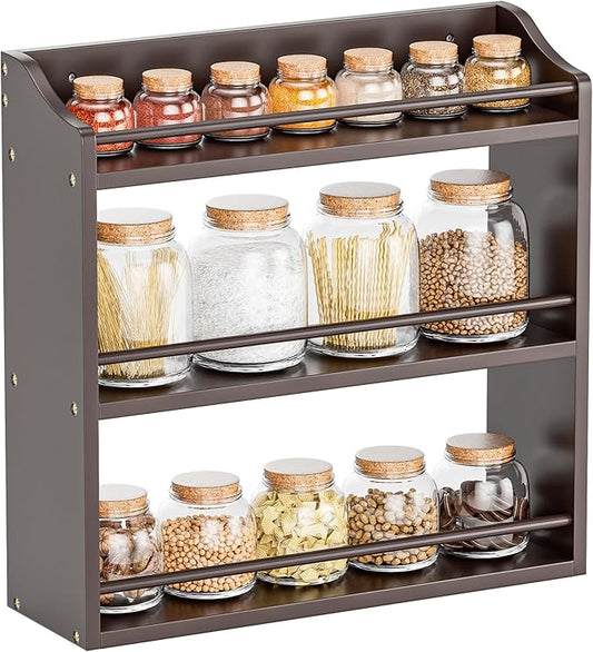 3 Tier Bamboo Wood Spice Rack, Seasoning Bottles Jars Organizer Shelf for Spices or Craft Supplies, Kitchen Counter or Wall Mounting (Brown)-CasaMuseHome