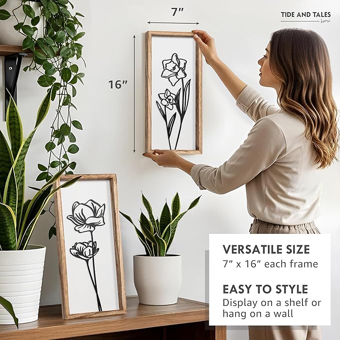 3D Black and White Wall Art (Set of 2) Lightweight, Wooden Ready-to-Hang Framed Floral Wall Art for Bathroom, Bedroom, Living Room or Office – Boho Botanical Farmhouse Decor – Gift-Boxed-CasaMuseHome