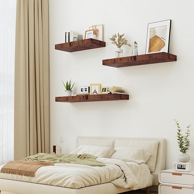 12" Deep Rustic Brown Floating Shelves,Over Toilet Long Wall Mounted Modern Farmhouse 36 inches,Wall Shelves with Invisible Brackets for Bedroom, Bathroom, Living Room, Kitchen, Set of 1-CasaMuseHome