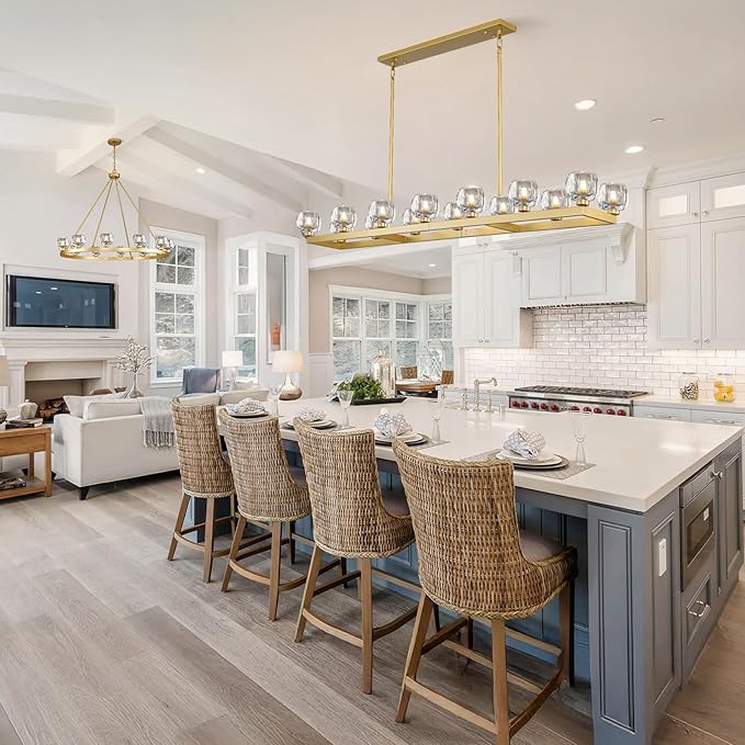 72 Inch Brass Rectangle Wagon Wheel Chandeliers, Gold Chandelier for Dining Room Over Table, Modern Crystal Long Chandelier for High Ceiling, Farmhouse Large Linear Chandeliers for Kitchen Island-CasaMuseHome