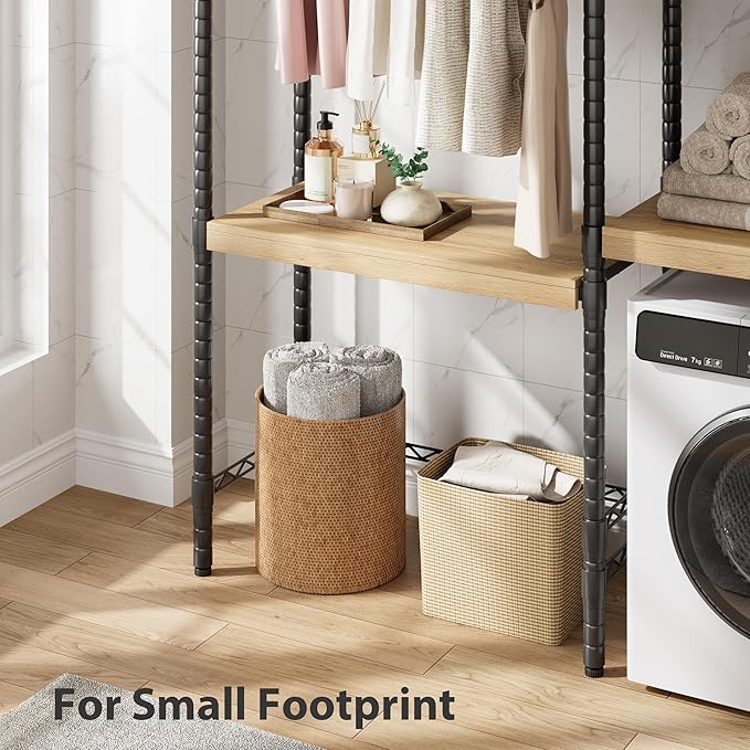 5-Tier Over-The-Washer Shelf - Adjustable 28" Laundry Organizer with 100lb Double Wood Shelves, Space-Saving Storage Unit for Small Homes (Natural & Black)-CasaMuseHome