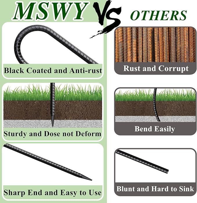 16 Inch Rebar Stakes J Hook 26 Pack Ground Stakes Heavy Duty Tent Stakes with Chisel Point End Chain Link Fence Stakes Galvanized Steel Ground Anchors Metal Spikes Black Coated-CasaMuseHome