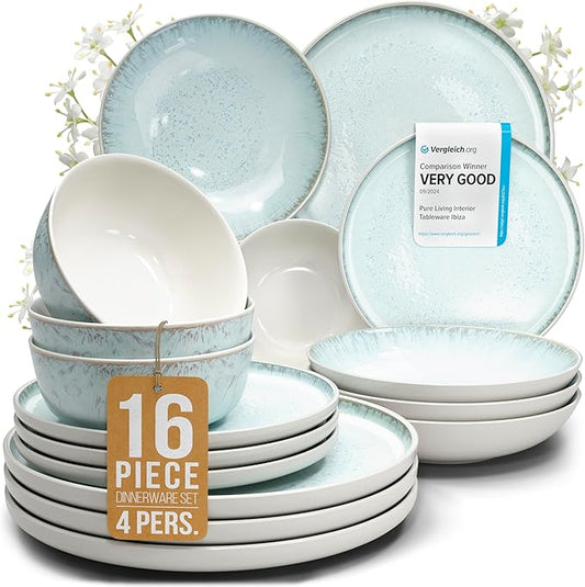 16 Piece Dinnerware Sets for 4 - Modern Style Stoneware Dinnerware Set - Scratch Resistant,Dishwasher,Microwave Safe Plates and Bowls Sets Ceramic,Dish Set, Bowl and Plate Set - Beige and Light Blue…-CasaMuseHome