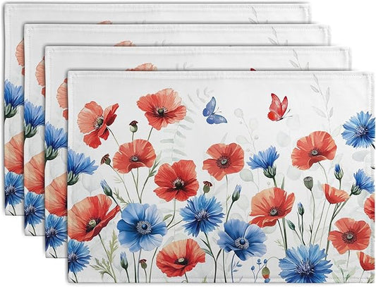 4th of July Floral Placemats Set of 4 Patriotic Summer Red Blue Flowers Linen Fabric Table Mats America Memorial Day Independence Day Place Mats for Party Kitchen Dining Decoration-CasaMuseHome
