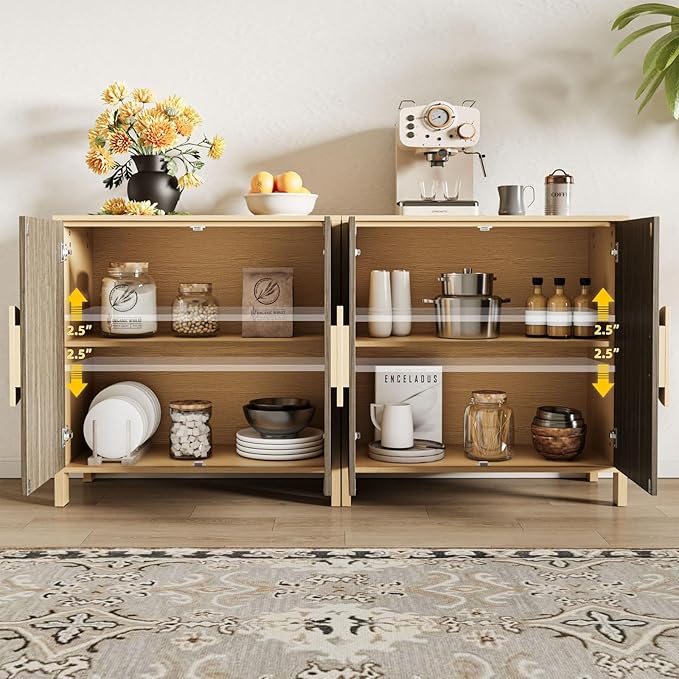 65 Inch TV Stand, Mid Century Modern Entertainment Center with Storage Cabinets & Adjustable Shelves, Media Console TV Credenza for Living Room, Dining Room, Hallway, Walnut-CasaMuseHome