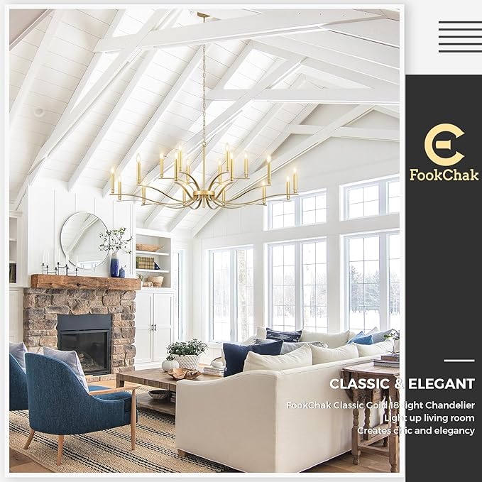18 Light Gold Living Room Chandelier High Ceiling Foyer Candle Chandelier Large Modern Brass 59in Metal Chandeliers Hanging Light for Master Bedroom Dining Room Light Fixture Over Table-CasaMuseHome