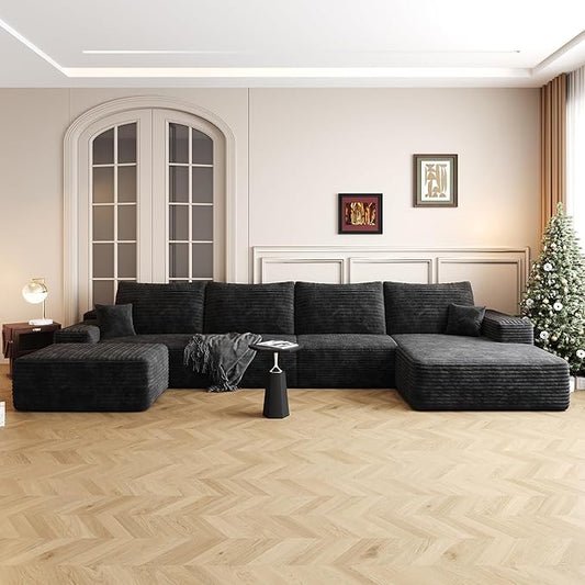 136" Sectional Couches for Living Room Modern Modular Sofa with L-Shape Couchs Upholstered Boneless Couch Deep Seat Sectional Couch with Chaise (Black, Right Facing Chaise+3Seaters+Ottoman)-CasaMuseHome