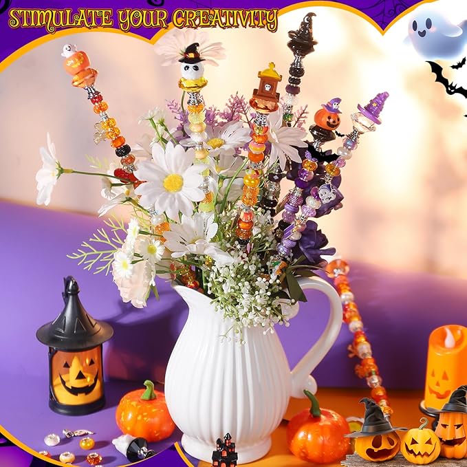 358PCS Halloween Beaded Garden Stakes, DIY Halloween Fairy Wand Garden Stake Decorative Kit with 12 in or 10 in Threaded Rod, Crystal Top, Large Holes Bead, Pendant for Outdoor or Indoor Decoration-CasaMuseHome