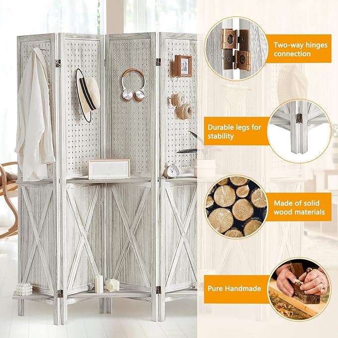 6 Panel Pegboard Display with 24 Hooks, Wooden Pegboard Room Divider Wall with Shelf, Rustic Room Dividers and Folding Privacy Screens, Bedroom, Jewelry Store, White-CasaMuseHome