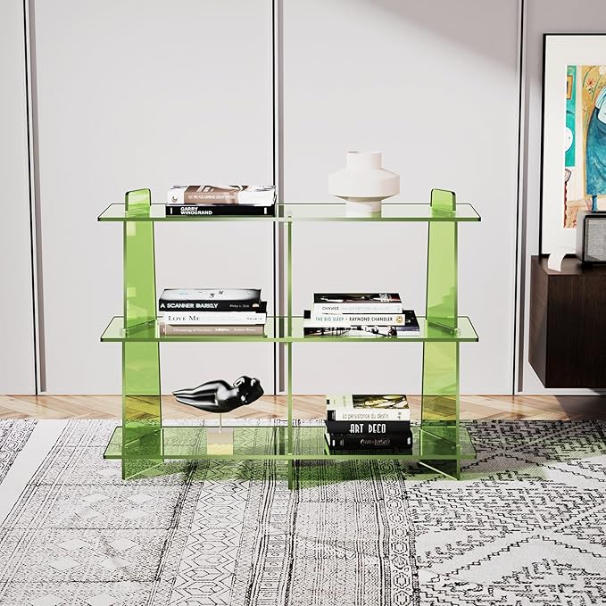 Acrylic Bookshelf, Small 3 Tier Open Bookcase for Small Spaces,Sofa Table, Hallway Entry Table for Home Living Room (Green, 39.4'' x 11.8'' x 31.5'')-CasaMuseHome