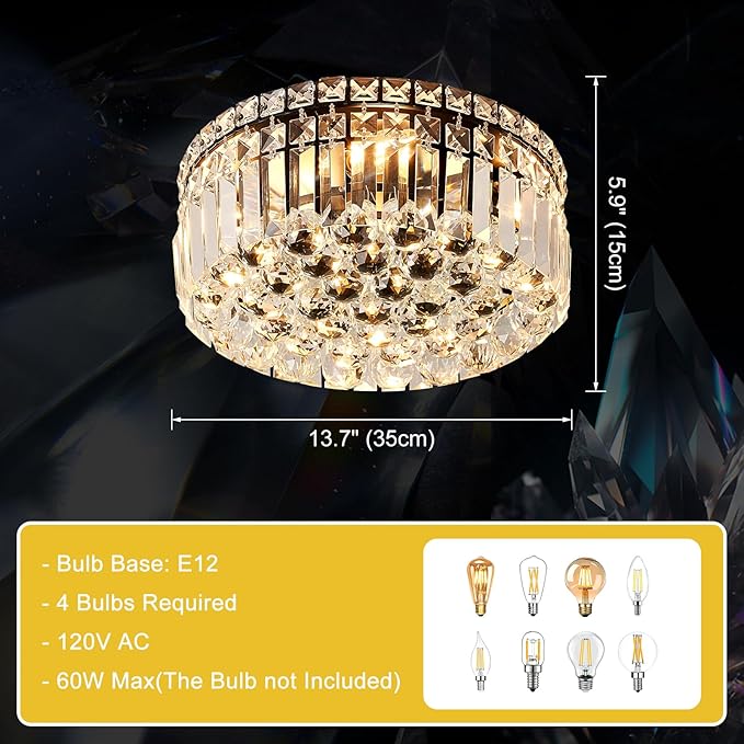 4-Light Black Crystal Chandeliers Flush Mount Chandelier Light Fixture with K9 Crystals Modern Ceiling Lights Elegant Round Lamp for Bedroom,Hallway,Bar,Living Room,Dining Room,H5.9 xW13.7-CasaMuseHome