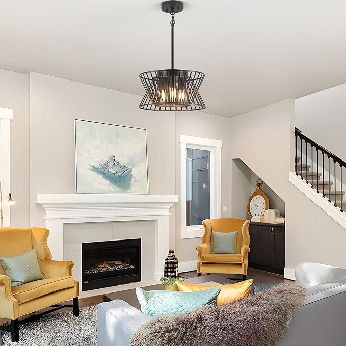 3-Lights Black Pendant Light Vintage Geometric Chandelier Light Fixture Adjustable Metal Lighting Fixtures for Kitchen Room Dining Room Foyer-CasaMuseHome