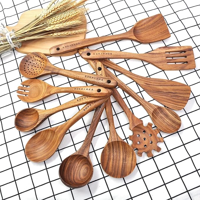 11 Pcs Wooden Kitchen Utensils Set - Wooden Spoons, Spatulas and More for Cooking-CasaMuseHome