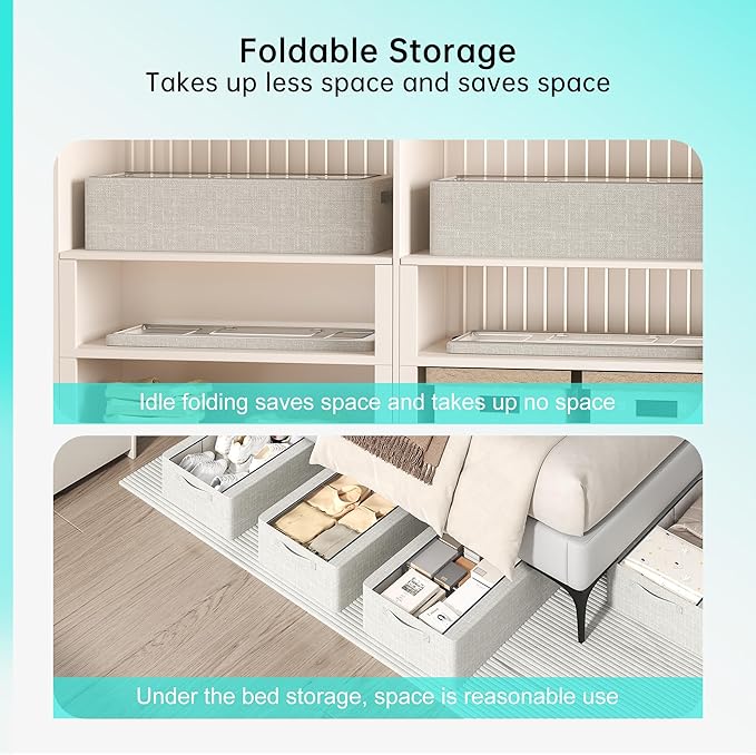 3PCS Under Bed Storage Bins with Metal Frame, Linen Fabric Frame Storage Box Clothes Organizer Bins, Underbed Container with Clear Window (Light Grey, 23.6 x 13 x 6IN)-CasaMuseHome