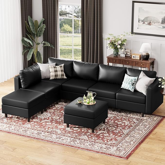118.5" Faux Leather Modular Sectional Sofa, L Shaped Couch Set for Living Room, 7-Seater Comfy Cloud Couches with Storage Seat Black-CasaMuseHome