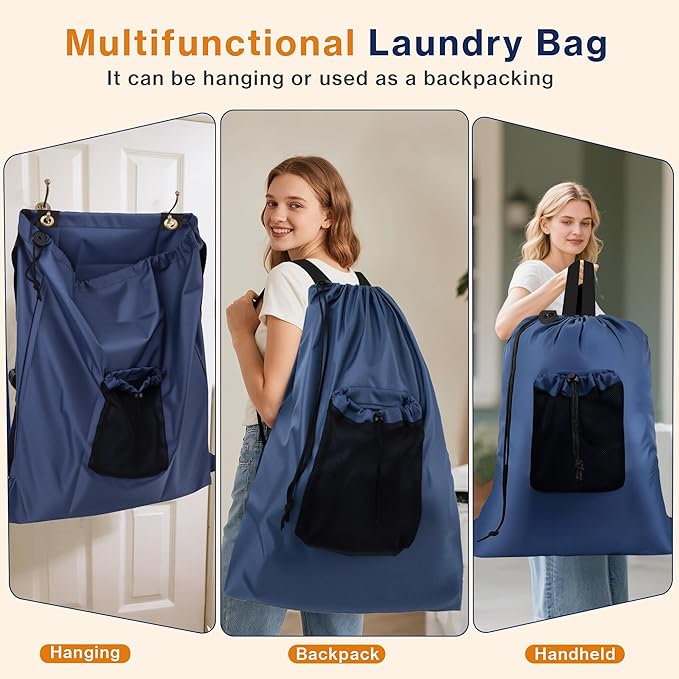2-Pack Backpack Laundry Bags, Heavy Duty Laundry Bag Backpacks with Adjustable Shoulder Straps, Door Hanging Washing Bag, Laundry Hamper Lining for College Dorm, Travel, Laundromat-CasaMuseHome