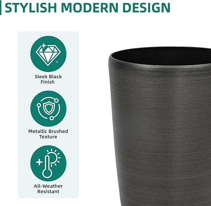 22.8" Resin Planters for Outdoor Plants, Set of 2 Modern Large Flower Pots with Handmade Brushed Metal Finish, Weather Resistant for Indoor/Outdoor Year-Round Use-CasaMuseHome