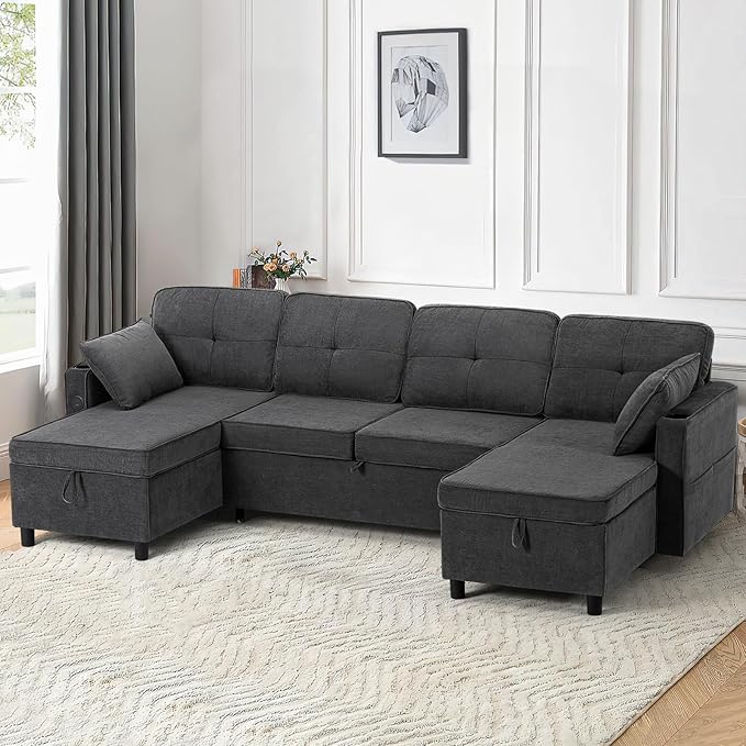 110 Inches Chenille Sectional Sofa w/Adjustable Back & Pull Out Sofa Bed, Tufted U Shaped Couch w/Two Storage Chaises, Sleeper Sectional Sofa w/USB Port & Cup Holders for Living Room, Grey-CasaMuseHome