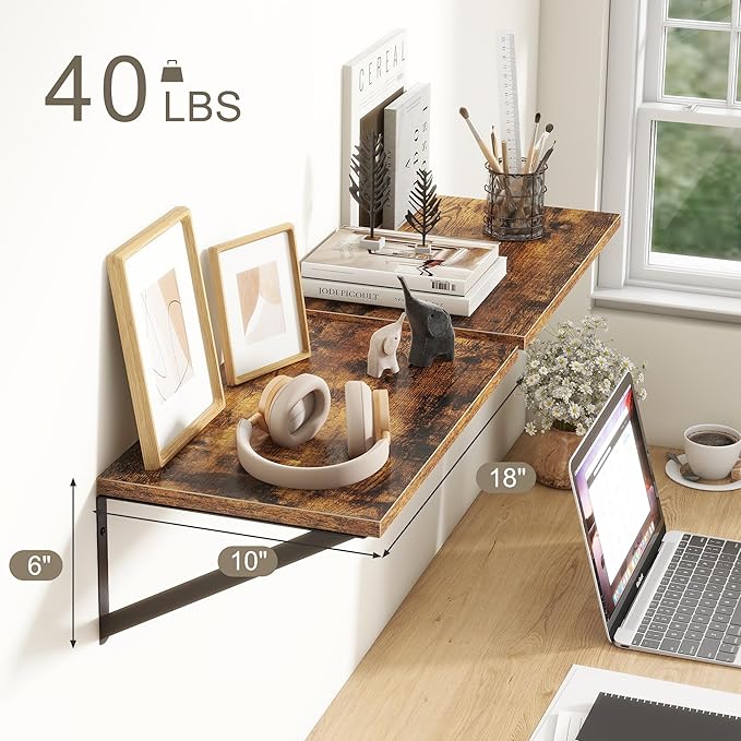 18"W x10"D Floating Shelves, Farmhouse Wall Shelves Home Decor Shelf, Deep Bathroom Shelves with Bracket, 10 Inch Deep Wall Shelf for Living Room, Kitchen, Bedroom, Rustic Brown, Set of 2-CasaMuseHome