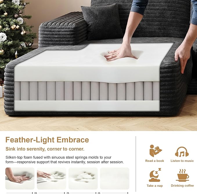 136" Sectional Couches for Living Room Modern Modular Sofa with L-Shape Couchs Upholstered Boneless Couch Deep Seat Sectional Couch with Chaise (Black, Left Facing Chaise+3Seaters)-CasaMuseHome