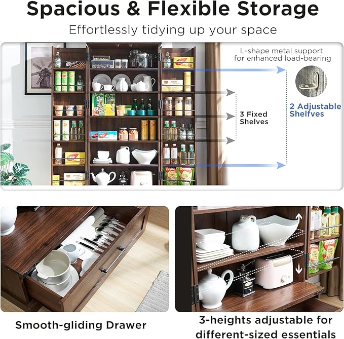 72‘’ Farmhouse Kitchen Pantry Cabinet with Drawer, Tall Storage Cabinet with 2 Barn Doors and Shelves, Versatile Large Rustic for Dining Room, Bathroom, Living Room, Laudry, Brown-CasaMuseHome