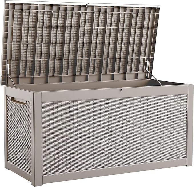 260 Gallon Storage Box, Waterproof Resin Deck Box with Steel Support & Hydraulic Rod, Lockable Storage Bench for Indoor & Outdoor Use, Storage Bin for Patio Cushions, Garden Tools, Grey-CasaMuseHome