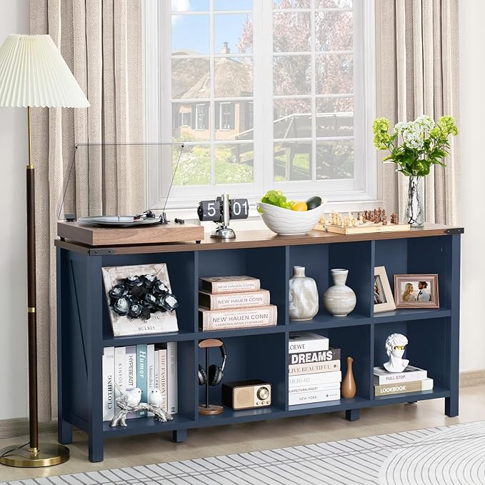 8 Cube Book Shelf, Farmhouse Wood Long Storage Organizer Bookcase, 62" Horizontal Navy Blue Console Closet Bookshelf, Hallway TV Stand for Entryway, Display Cabinet Book Case for Living Room-CasaMuseHome
