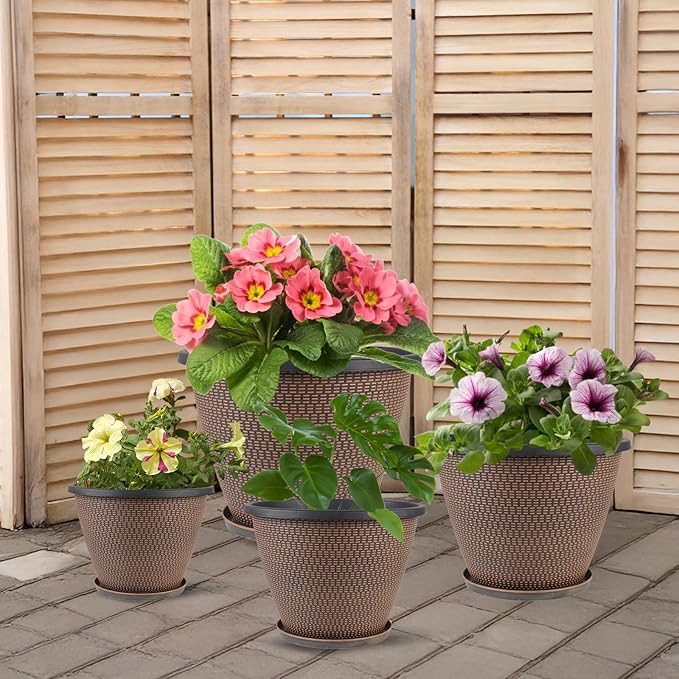 4 Pack 8 inch Plant Pot, Plastic Pots for Plants Indoor, Round Planters for Outdoor Plants with Drainage Holes & Trays, Decorative Flower Pots Garden Containers Sets for Houseplants (Black Copper)-CasaMuseHome