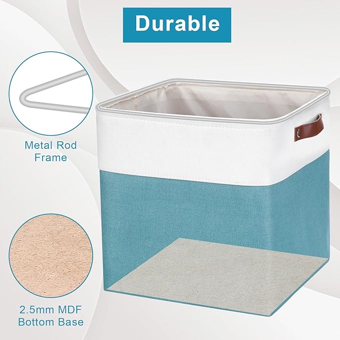 13x13 Cube Storage Bins, Collapsible Fabric Storage Box, 4 Pack Closet Baskets with Handles for Organizing, Shelf, Toys, Clothes, Home, Office, Nursery (Teal&White)-CasaMuseHome