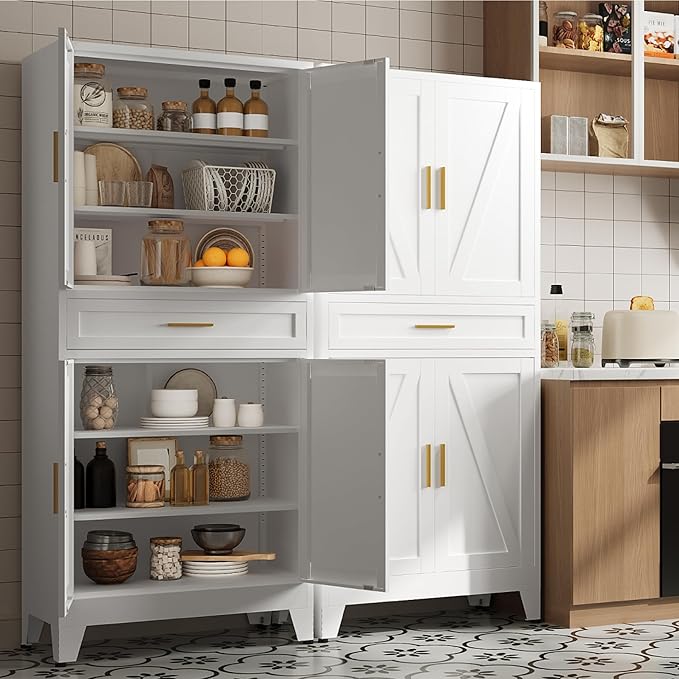 71 "Farmhouse Metal Filing Cabinet with a Drawer and 4 Adjustable Shelves, with 4 Large barn Door White Kitchen Cabinets, Metal Food Cabinets for Home, Kitchen, Dining/Living Room (White)-CasaMuseHome