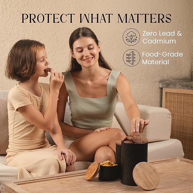 6 Canister Set for the Kitchen Countertop – Metal Food Storage Canisters with Airtight Lids for Flour, Tea, Crafts, Coffee, & Sugar – Container Set with Modern Wood Lids, Black-CasaMuseHome