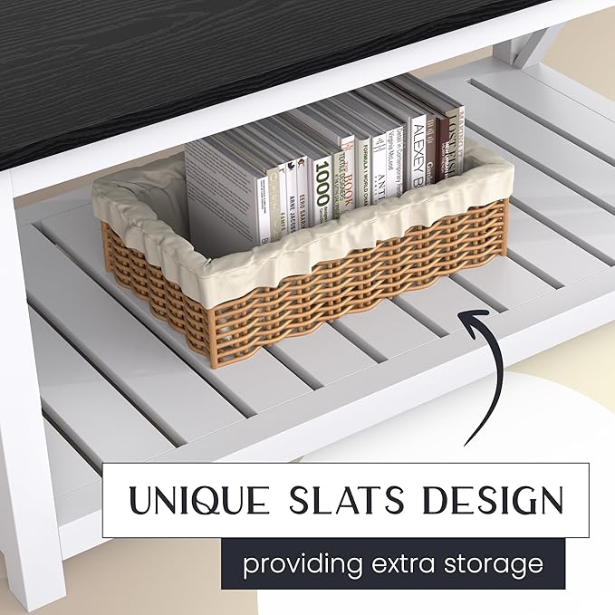 40" Farmhouse Coffee Table | Vintage Rustic Wooden Coffee Table with Lower Shelf for Living Room, Dorm, Office, Bedroom Center Table - Black-CasaMuseHome