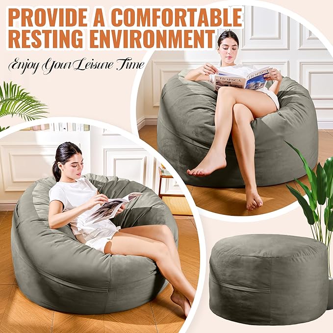 4FT Bean Bag Chair: Bean Bag with Velvet Cover, Fluffy and Comfy Bean Bag Chairs for Adults and Kids, Bean Bag Sofa Filled with High-Density Sponge for Gaming (Dark Grey)-CasaMuseHome