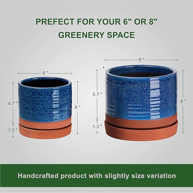 6 + 8 Inch Plant Pots, Ceramic Planter Pot with Drainage Hole & Saucer, Indoor/Outdoor Cylinder Round Planter Pot, Aqua Blue & Terracotta-CasaMuseHome