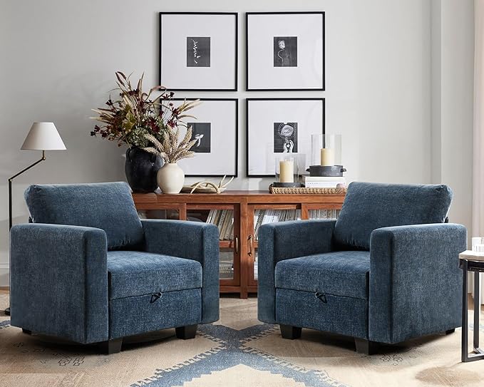 38.5 Oversized Accent Chair with Storage Blue Chenille, Single Modern Accent Sofa Chair with Arms for Apartment Living Room (21" Deep Seat)-CasaMuseHome