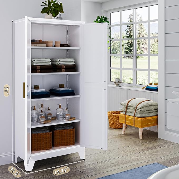 71'' Farmhouse Metal Storage Cabinet with Barn Doors,Steel File Cabinet for Home Office,Kitchen Pantry 4 Adjustable Shelves,Freestanding Cupboard for Kitchen,for Home Office,School (White)-CasaMuseHome