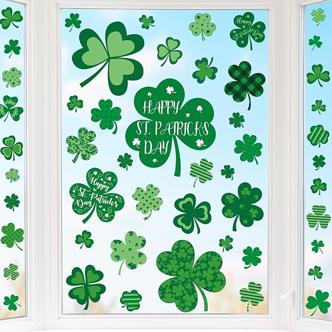9 Sheets St Patricks Day Window Clings, 115 PCS St Patrick's Day Shamrock Window Stickers for St Patricks Day Decorations, Green Static Spring Window Clings for Glass Windows St Patricks Day Decor-CasaMuseHome