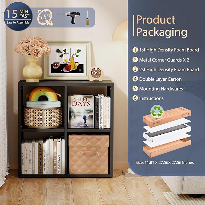 4 Cube Storage Organizer, Cubicle Open Back Decorative Book Shelf, 2-Tier Space Saving Storage Shelf Bookcase, Metal Display Shelf for Living Room,Office,Closet-CasaMuseHome