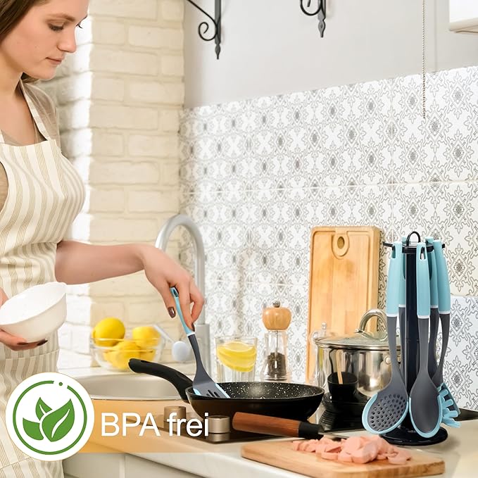 6-Piece Silicone Kitchen Utensil Set with Rotating Stand, Non-Stick, Heat-Resistant (400°F), Nylon Handle, Cooking Spatula Set for Baking & Cooking, Light Blue-CasaMuseHome