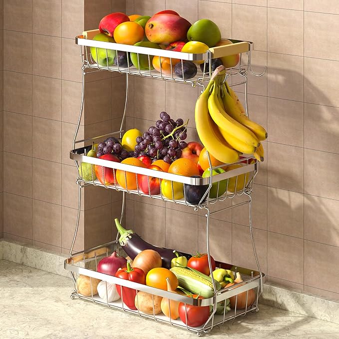 3 Tier Fruit Basket for Kitchen Counter with 2 Mobile Banana Hangers, 2025 Pro Detachable Metal Fruit Bowl with Wooden Handle, Fruit Holder for Bread Snack Veggies, Silvery-CasaMuseHome