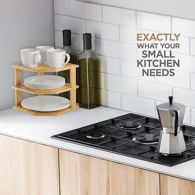 2-Pack Plate Organizer for Cabinet - Bamboo Corner Shelf for Kitchen or Bathroom Storage, Space-Saving Rack for Dishes, Countertop, Cabinet, Pantry - Organization & Housewarming Gift-CasaMuseHome