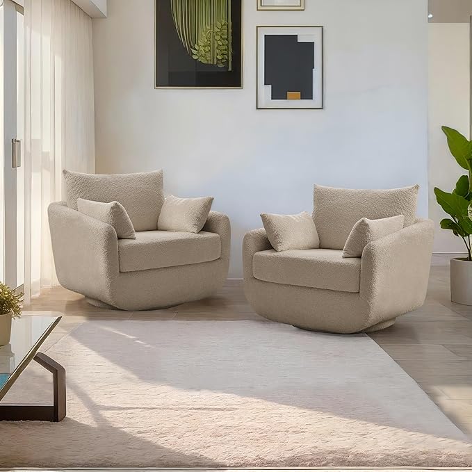 360° Swivel Accent Armchair Set of 2, 39.3" Oversized, Sherpa Boucle Fabric Sofa Chair with Removable Back & Arm Pillows, Swivel Chairs with Cozy Soft Padded, No Assembly Required, Camel-CasaMuseHome