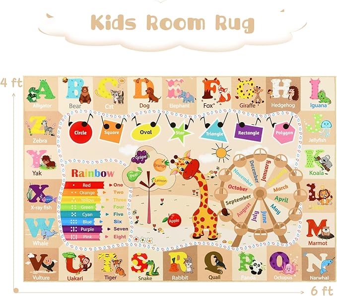 4x6 Playroom Rugs for Kids Washable, Educational and Fun Playmat with ABC Alphabet Animals Shapes Colors, Non-Slip Play Mat Learning Rugs for Baby Toddler Children Game Activity, Beige-CasaMuseHome