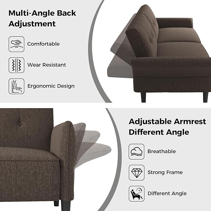 89” Futon Sofa Bed, Linen Comfy Futon Couch Bed with 2 Square Pillows, Convertible Sleeper Sofa with Adjustable Backrest& Armrests, Modern Loveseat Sleeper for Living Room, Bedroom, Brown-CasaMuseHome