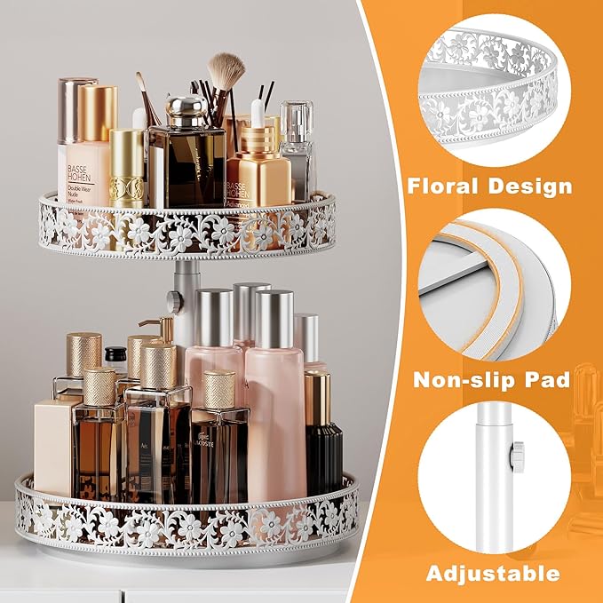 2 Tier Lazy Susan Organizer Turntable Adjustable,12 Inch Two Tier Lazy Susan Metal Easy Assembly Cleaning, Rotating Spice Rack Organizer for Cabinet Dining Table Kitchen Countertop White-CasaMuseHome