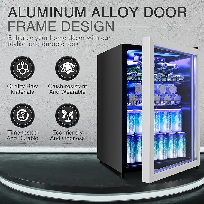 2.5 Cu.Ft Beverage Fridge, Mini Fridge With Glass Door, Beverage Cooler Refrigerator, Wine Drink Beer Cooler, Adjustable Shelves & Digital Temperature Display, 22 Bottle 95 Can-CasaMuseHome