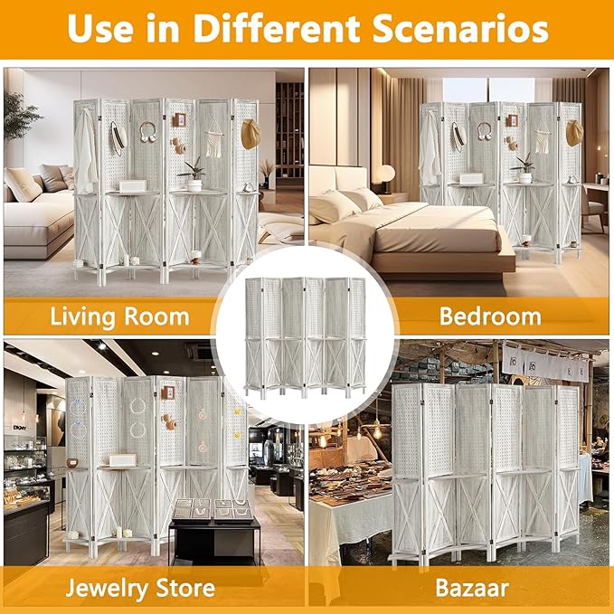 6 Panel Pegboard Display with 24 Hooks, Wooden Pegboard Room Divider Wall with Shelf, Rustic Room Dividers and Folding Privacy Screens, Bedroom, Jewelry Store, White-CasaMuseHome