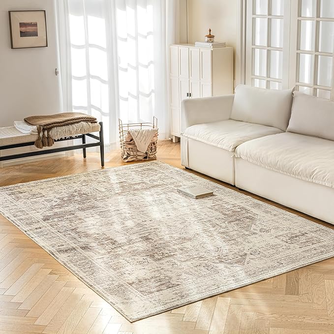 6'x9' Area Rug - Vintage Persian Medallion Design Low-Pile Faux Wool Rug, Non-Slip Backing, Machine Washable, for Living Room, Dining Room, Bedroom (Cream/Taupe)-CasaMuseHome